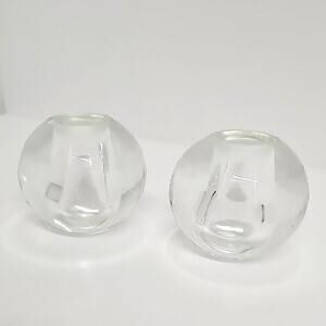 Vintage Elegant Clear Blown Glass Candle Stick Holders Spherical Set of Two